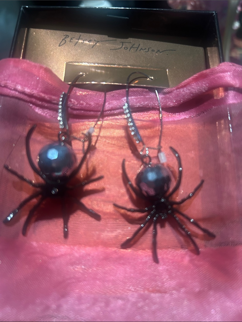 Betsey Johnson Black Spider Drop Earrings with Faceted Beads